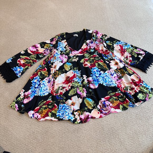 Show Me Your Mumu Dress Portabella Black Floral Mini Swing LS Boho Witchy SMALL - Picture 6 of 14